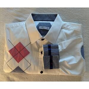 John Lennon Men's 100% Cotton Dress XXXL Shirt White w/Harlequin w/Flip Cuff
